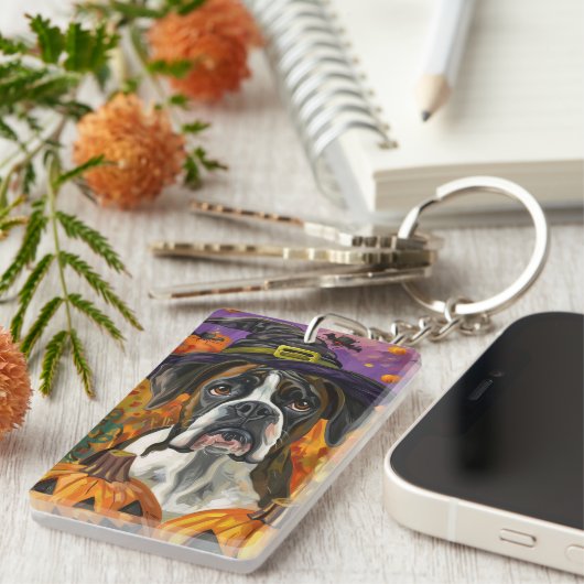 Porte-clés Boxer éffrayant Halloween sorcière et Citrouille (Devant droit)