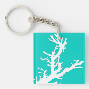 Porte-clés Branche de corail - blanc sur la turquoise