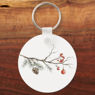 Porte-clés Branche de Noël enneigée avec ornement pour Noël