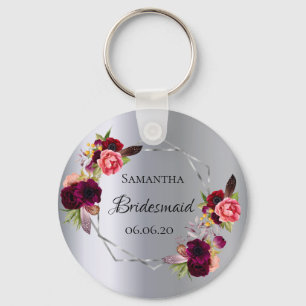 Porte-clés Bridesmaid floraux d'argent bordeaux