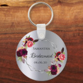 Porte-clés Bridesmaid floraux d'argent bordeaux (Recto)