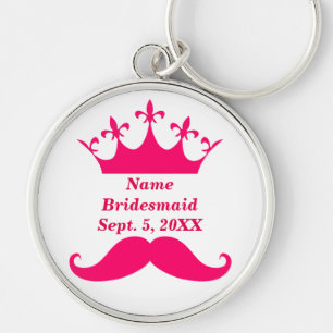 Porte-clés Bridesmaid Pink Mustache and Tiara Round Keychain