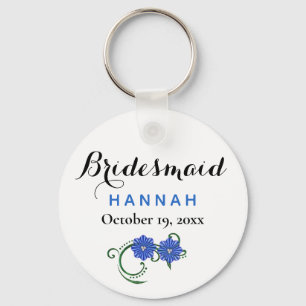 Porte-clés Bridesmaid Typographie moderne Fleurs bleues Maria
