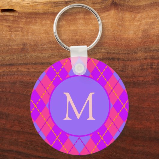 Porte-clés Bright Pink and Blue Argyle Pattern Monogram (Recto)
