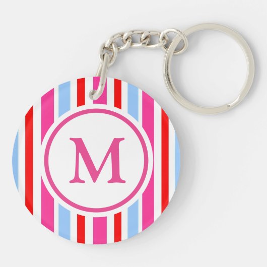 Porte-clés Bright Red and Blue Candy Stripes Monogram (Dos)