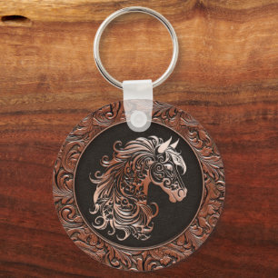 Porte-clés Brown cowgirl floral à outils cuir tête de cheval