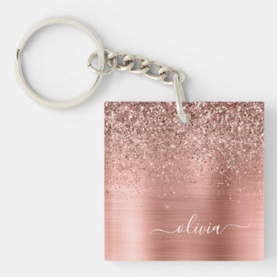 Porte-clés Brushed metal rose Gold Pink Glitter Monogram