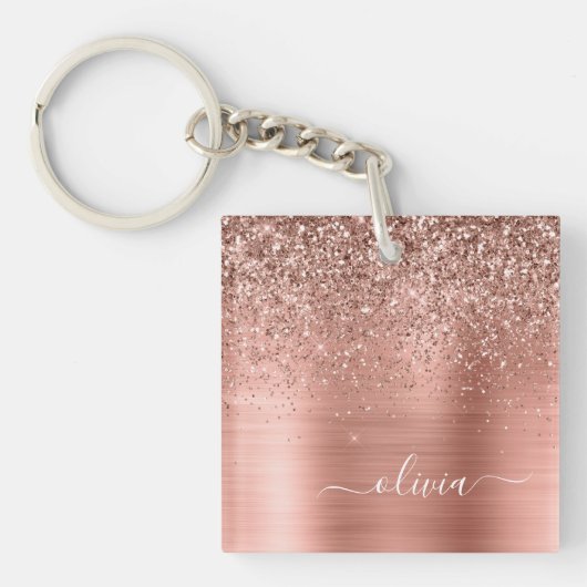 Porte-clés Brushed metal rose Gold Pink Glitter Monogram (Devant)