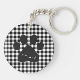 Porte-clés Buffalo Plaid Empreinte de patte noir blanc Meow c