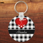 Porte-clés Buffalo Plaid Noir blanc clubs de golf coeur rouge (Recto)