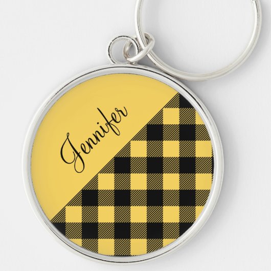 Porte-clés Buffle jaune moderne Chèque Motif Nom (Devant)