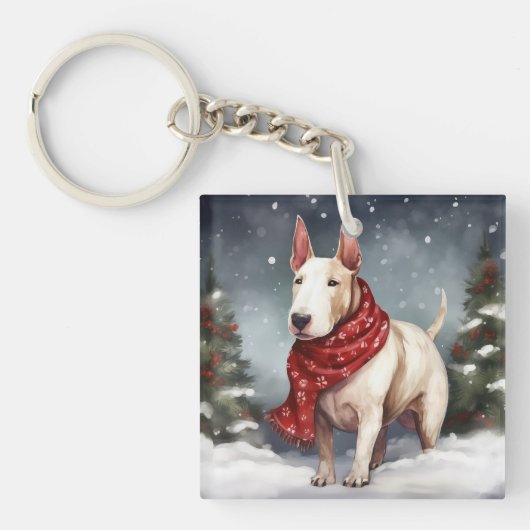 Porte-clés Bull Terrier Chien à Noël de neige (Devant)