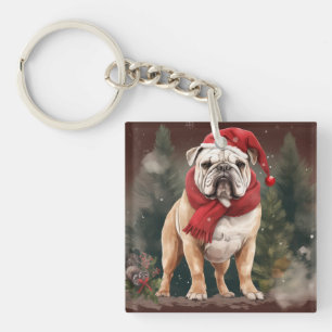 Porte-clés Bulldog à Noël de neige