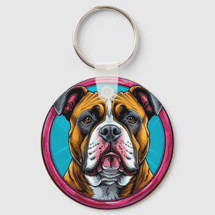 Porte-clés Bulldog encadré dans un motif décoratif circulaire