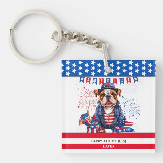 Porte-clés Bulldog Happy 4 juillet Fête de l'Indépendance amé (Devant)