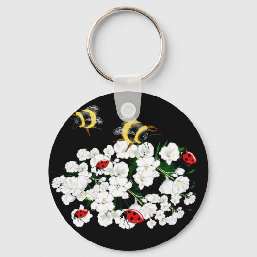 Porte-clés Bureaux d'abeilles dramatiques et fleurs blanches  (Recto)