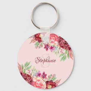 Porte-clés Burgundy Blush Floral Aquarelle Nom