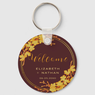 Porte-clés Burgundy Classy & Gold Floral Mariage Bienvenue