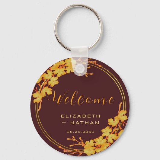 Porte-clés Burgundy Classy & Gold Floral Mariage Bienvenue (Recto)
