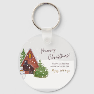 Porte-clés Cabine d'hiver et Snowman Noël aquarelle