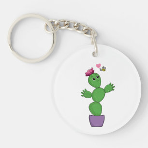 Porte-clés Cactus de dessin animé avec fleur regardant avec i