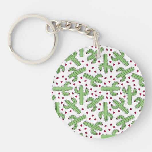 Porte-clés Cactus illustré et motif de fleurs rose (Devant)