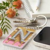 Porte-clés Cadeau initiale lettre N dorée sur fond diamant ro (Devant droit)