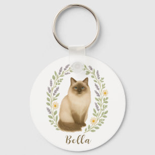 Porte-clés Cadre de chat Ragdoll floral avec nom personnalisé