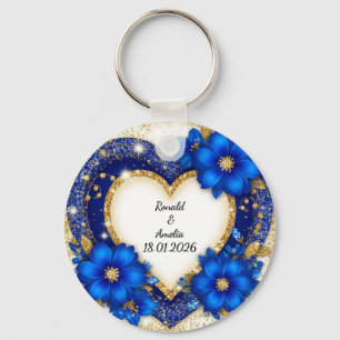 Porte-clés Cadre de cœur bleu et or élégant