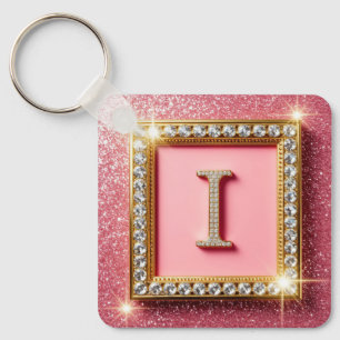 Porte-clés Cadre Doré Initiale Diamant I Monogramme Paillette