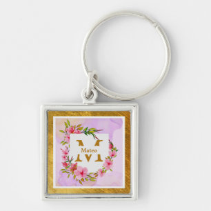Porte-clés Cadre en or à fleurs à l'aquarelle Nom personnal