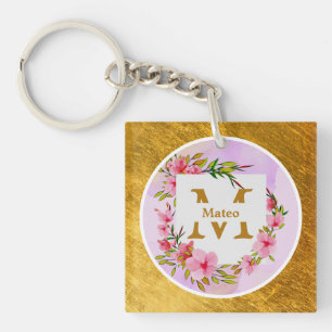 Porte-clés Cadre en or Fleur Aquarelle Nom personnalisé