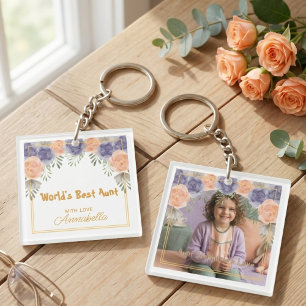 Porte-clés Cadre en or floral photo de la meilleure tante au
