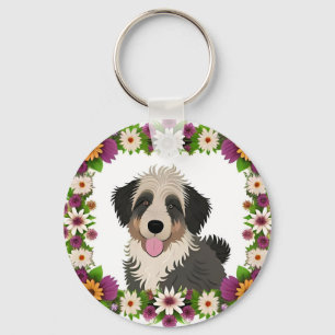 Porte-clés Cadre floral coloré avec illustration de chien mig