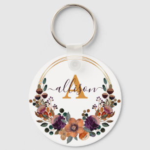 Porte-clés Cadre floral personnalisé bordeaux et or