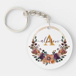 Porte-clés Cadre floral personnalisé bordeaux et or