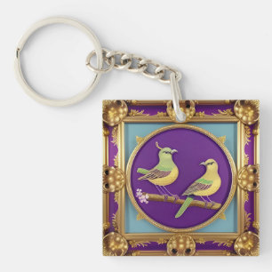 Porte-clés 🕊️ Cadre Orné Doré Avec Deux Oiseaux Pour Cadeau