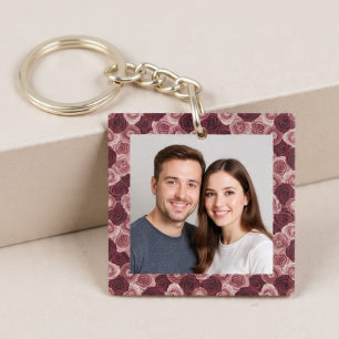 Porte-clés Cadre photo de bordure florale rose profond