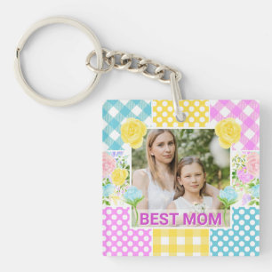 Porte-clés Cadre photo fleuri et à carreaux pour la fête des