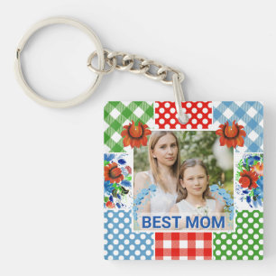 Porte-clés Cadre photo fleuri et à carreaux pour la fête des 