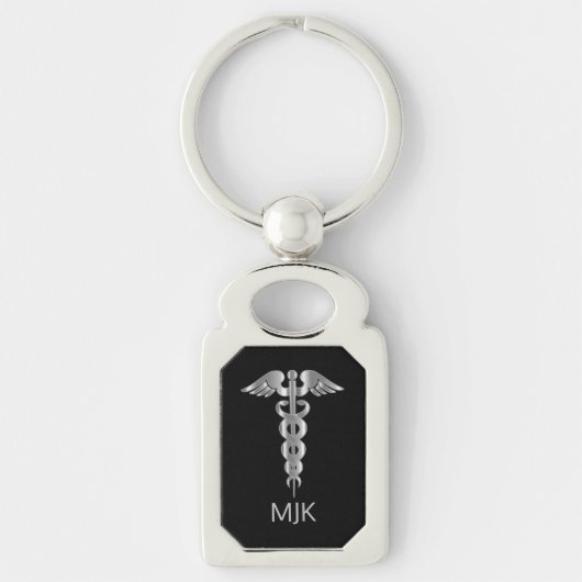 Porte-clés Caducée Argent Monogrammé (Devant)