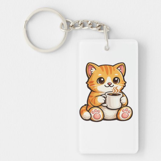 Porte-clés Café Chat Mignon – Chat Orange Cosy Buvant du Café (Devant)