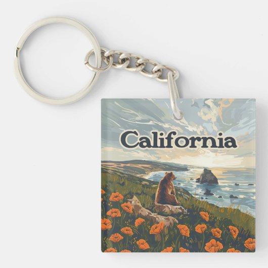 Porte-clés Californie Bear Poppies Fleurs Côte Retro (Devant)