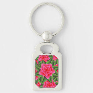 Porte-clés Camélias rose corail et feuilles vertes