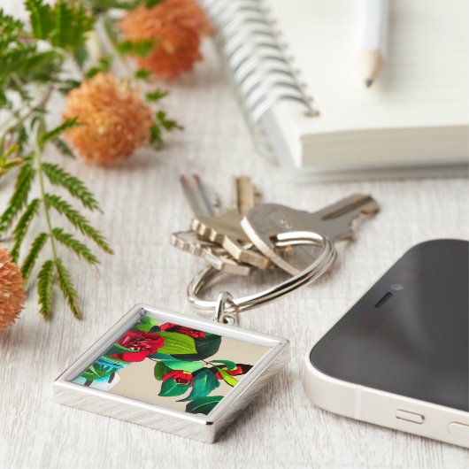 Porte-clés Camellias rouge avec fleur d'aquarelle de feuillag (Côté)
