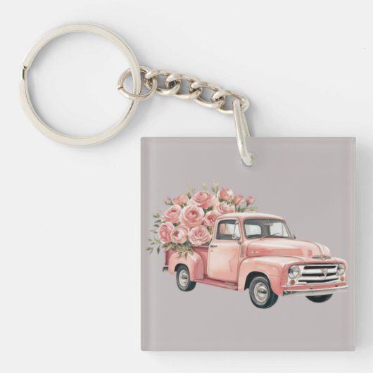 Porte-clés Camion rose avec des roses (Devant)