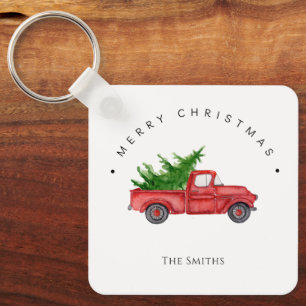 Porte-clés Camion Russe Rouge Aquarelle Avec Arbre De Noël