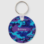 Porte-clés Camouflage bleu foncé & violet Motif Ajouter Nom (Recto)
