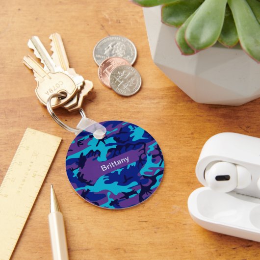 Porte-clés Camouflage bleu foncé & violet Motif Ajouter Nom (Bureau)