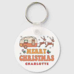 Porte-clés Camping Joyeux Noël Camper Rétro Renne Nom